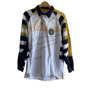 Akademiks AKDMKS Polo Shirt Mens Large White Navy Rugby Striped Streetwear FLAW